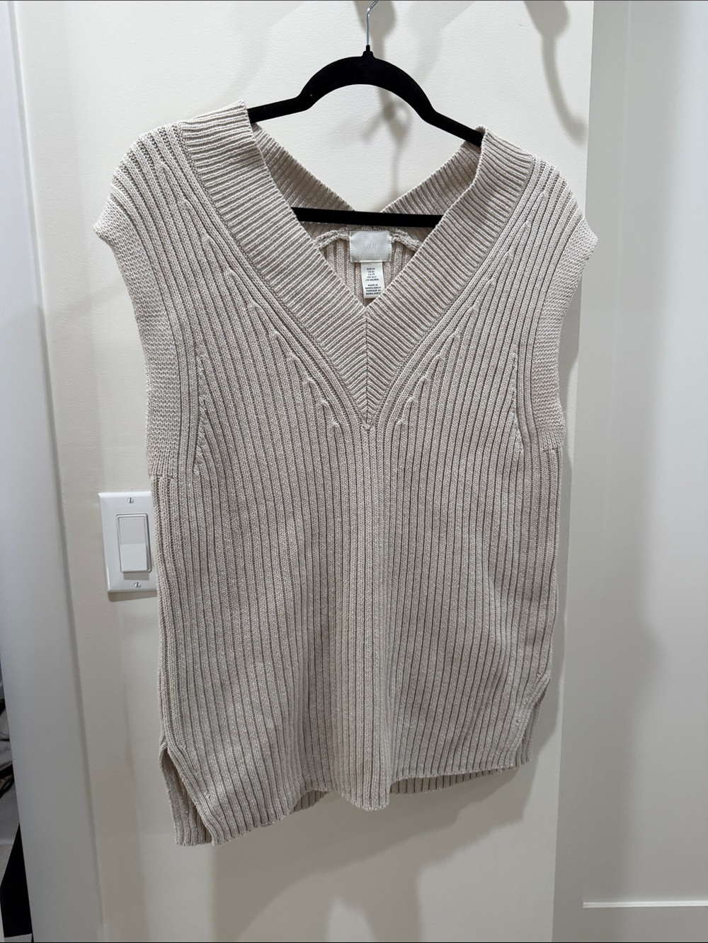 Sleeveless V-Neck Ribbed Knit Top — Beige